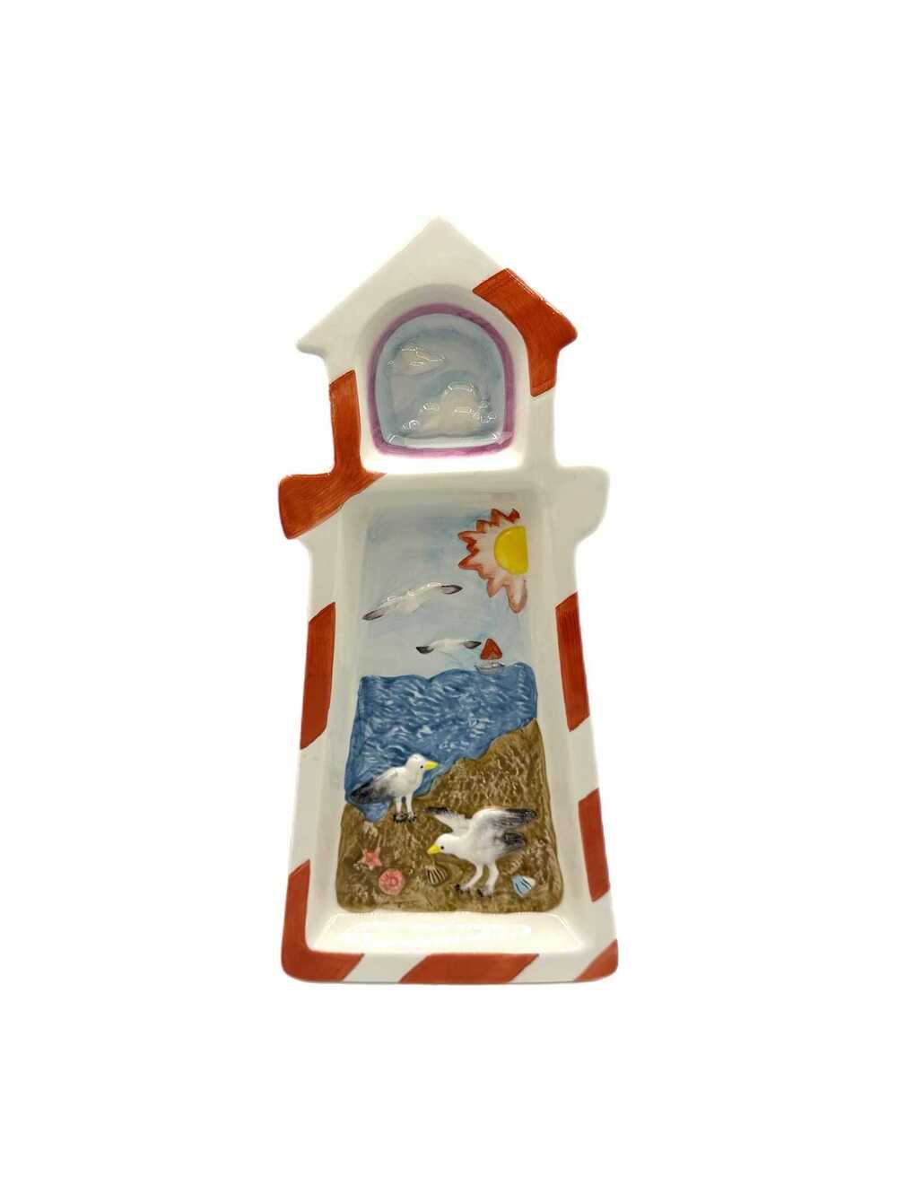 Vintage Lighthouse-Shaped Ceramic Tray / Platter – Coastal Beach Scene